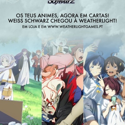 Promoção Weiss Schwarz com personagens de anime e texto em português sobre cartas e loja Weatherlight