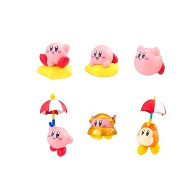Figuras de ação do personagem Kirby em várias poses e acessórios, fundo branco.