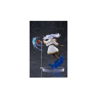 Figura de personagem com cabelo lilás, casaco branco, segurando cajado e base com efeitos azuis