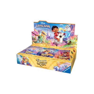 Expositor de cartão de jogo Disney Lorcana com personagem a tocar guitarra e vários pacotes coloridos de cartas Hyperia City.