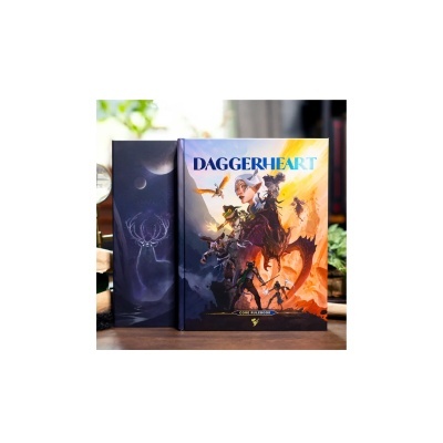Livro de fantasia DAGGERHEART com capa ilustrada a cores e suporte azul escuro com imagem de cervo luminosa