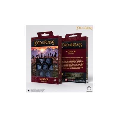 Conjunto de dados The Lord of the Rings Gondor Dice Set em embalagem vermelha com dados azuis e símbolos brancos