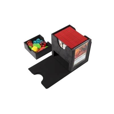 Organizador de cartas em madeira preta com dados coloridos e fichas