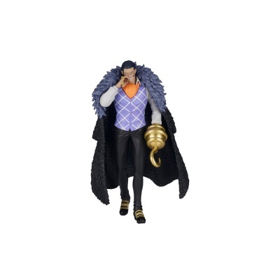 Figurina de personagem masculino com casaco preto, colete roxo e gancho dourado