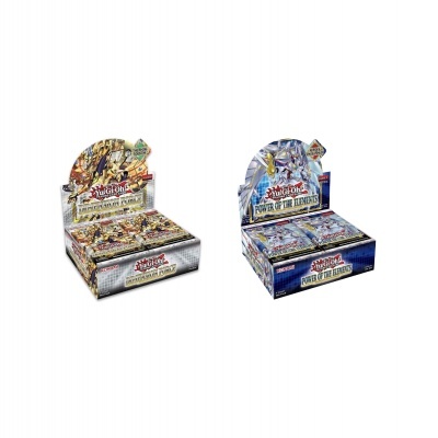 Duas caixas de cartas Yu-Gi-Oh! com embalagens coloridas e texto POWER OF THE ELEMENTS
