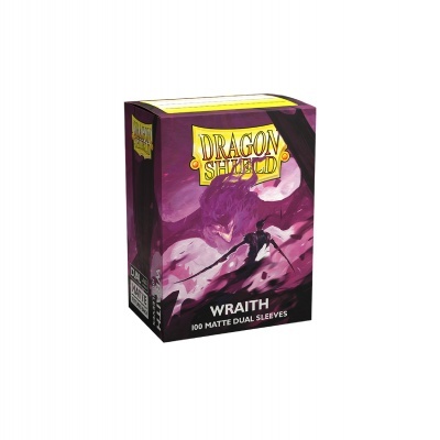 Caixa Dragon Shield Wraith com 100 sleeves duplas mate para cartas com ilustração de personagem e dragão