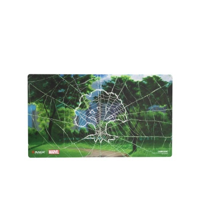 Tapete de jogo com padrão de rede de aranha branca sobre floresta verde e logos MAGIC, MARVEL e GAMEGENIC.