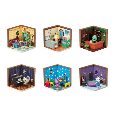 Seis miniaturas de quartos temáticos com personagens animais e móveis detalhados.