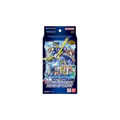 Pacote de cartas Digimon Card Game STARTER DECK HERO OF HOPE com Digimon azul e amarelo e cartas visíveis