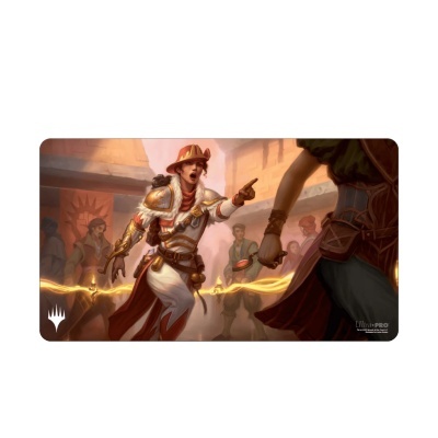 Ilustração de fantasia mostrando mulher em armadura branca e dourada apontando com fundo urbano