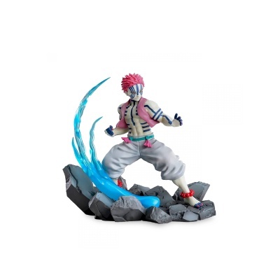 Figura colecionável de personagem masculino com cabelo cor-de-rosa e efeitos de chamas azuis