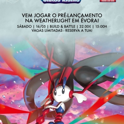 Promoção do pré-lançamento do jogo de cartas Pokémon Mega Evolution Chaos Rising com texto informativo e figura de personagem colorido.
