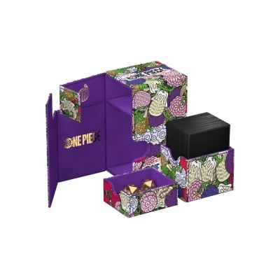 Porta cartas roxo com design floral colorido e cartas negras.