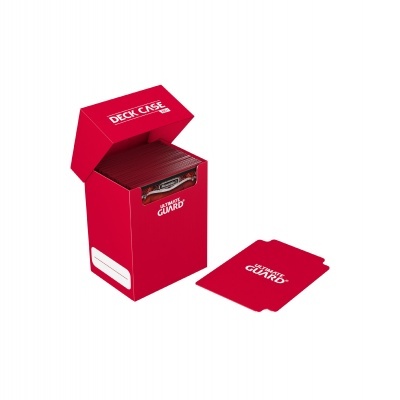 Estojo vermelho para cartas com tampa aberta e carta ao lado, contém texto ULTRA PRO GUARD