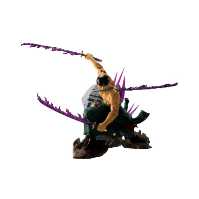 Figura colecionável de personagem masculino segurando três espadas roxas, em base de pedra.