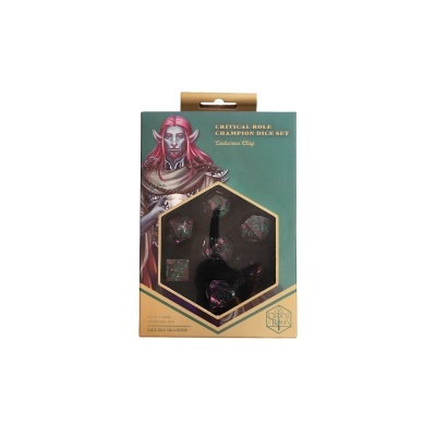 Conjunto de dados poliédricos preto em caixa verde e bege com imagem de personagem de fantasia.