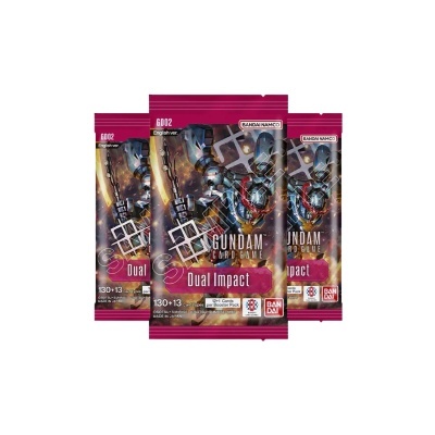Pacotes do jogo Gundam Card Game Dual Impact com ilustração de robô e texto