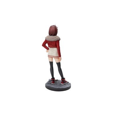Figura de ação feminina com casaco vermelho e saia bege vista de costas