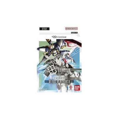 Embalagem colorida com ilustração de robôs Gundam em azul, branco e vermelho e texto de jogo de cartas.