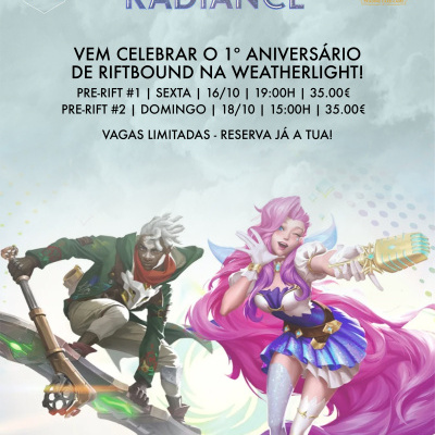 Cartaz promocional do jogo de cartas League of Legends com texto sobre aniversário e reservas.