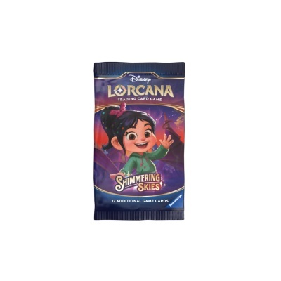 Pacote de cartas Disney Lorcana com personagem e texto Shimmering Skies
