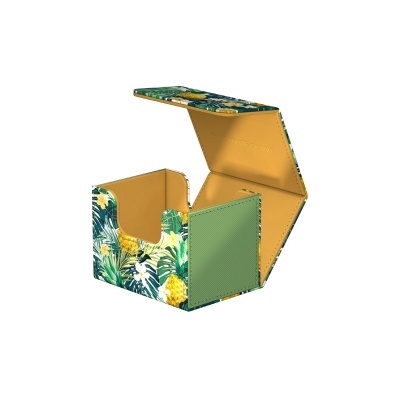 Caixa decorativa aberta com padrão tropical de folhas e ananases