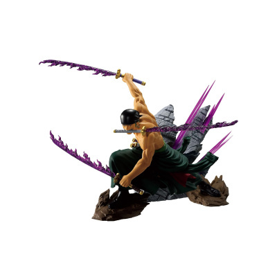 Figura de ação de personagem masculino com faixa preta, calças verdes e espadas com lâminas roxas flamejantes em base de pedras.