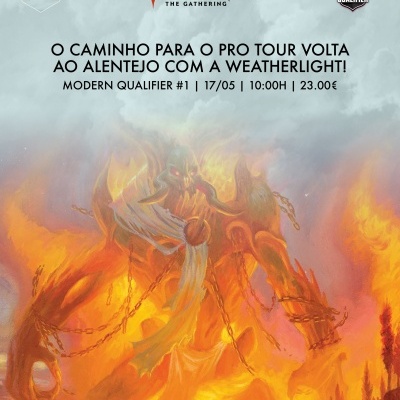 Promoção do torneio Magic The Gathering Modern Qualifier #1 com criatura flamejante, texto em português e logótipos oficiais.
