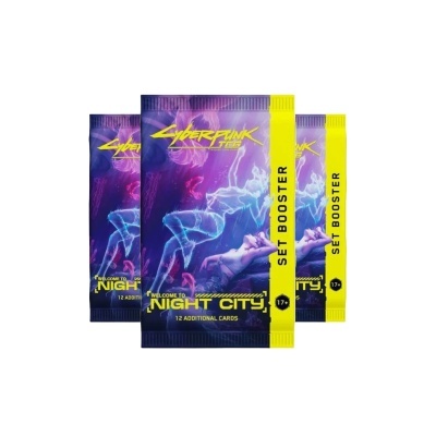 Pacotes de cartas Cyberpunk 2077 Set Booster com arte futurista e texto amarelo