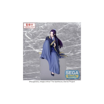 Figura colecionável de personagem com kimono azul sentada numa base cinzenta