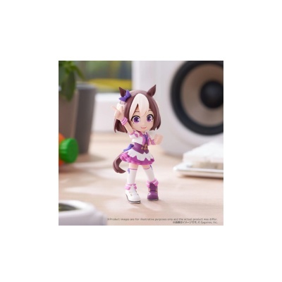 Figura miniatura de personagem anime com vestido roxo e branco e orelhas de animal
