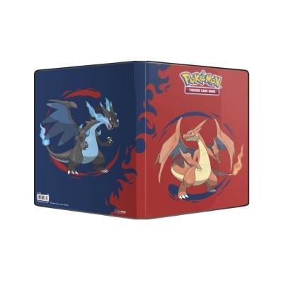 Estojo para cartas Pokémon com imagem de Charizard e Mega Charizard X em azul e vermelho