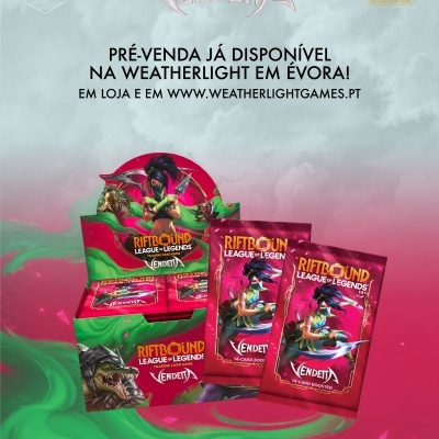 Expositor e pacotes de cartas colecionáveis Riftbound League of Legends Vendetta com arte colorida e texto de pré-venda