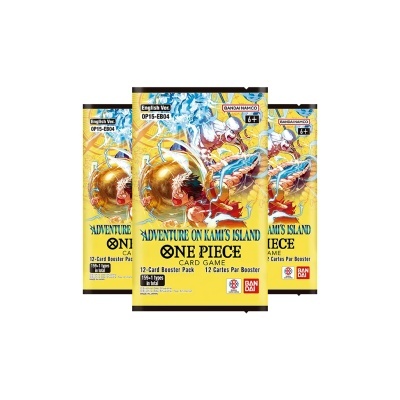 Pacotes de cartas One Piece com design amarelo e ilustração colorida, texto em inglês e selo Bandai Namco