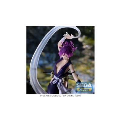 Figura de personagem anime com cabelo roxo e efeito de energia branco