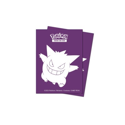 Sleeves para cartas Pokémon roxas com figura do Gengar.