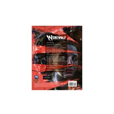 Capa do jogo Werewolf The Apocalypse com lobisomem e texto do jogo em fundo vermelho.