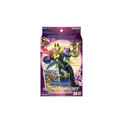 Pacote roxo de cartas Digimon com personagem amarelo roxo e texto Advanced Deck Set Amethyst Mandala