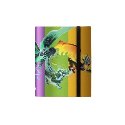 Capa colorida para caderno com ilustrações de dragões e fecho elástico preto