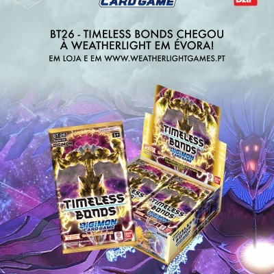 Promoção do BT26 - TIMELESS BONDS do DIGIMON CARD GAME em embalagens douradas com texto em português