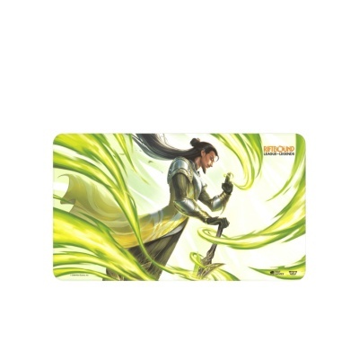 tapete retangular com ilustração de personagem e texto RIFTBOUND LEAGUE OF LEGENDS