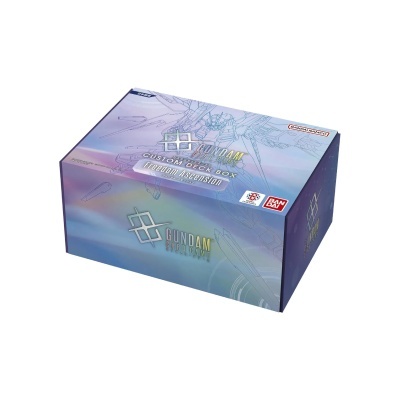 Caixa azul e roxa para baralho personalizado Gundam Card Game com ilustração de robô mecha
