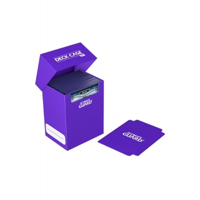 Caixa roxa para baralhos de cartas com tampa aberta e carta roxa ao lado