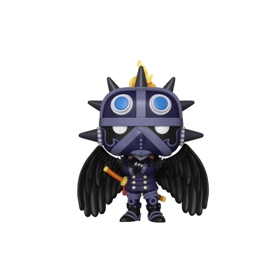 Figura Funko Pop com capacete azul com picos pretos e asas negras