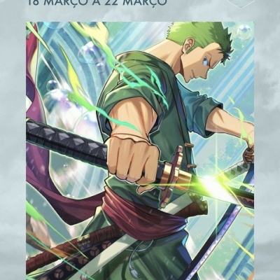 Ilustração anime de personagem com espadas e texto de eventos semanais em português.