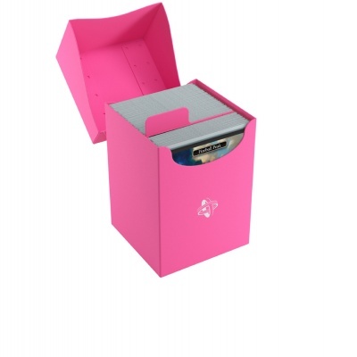 Caixa cor-de-rosa para cartas de jogo com tampa aberta