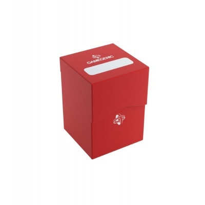 Caixa rígida vermelha com texto e símbolo brancos