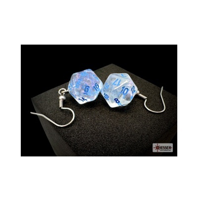 Brincos com dados de 20 faces transparentes em suporte preto