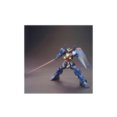 Figura robô móvel azul armado com espada de luz rosa e escudo cinzento.