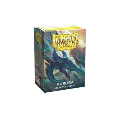 Pacote de 100 sleeves mate Dragon Shield modelo Aurora com ilustração de dragão azul